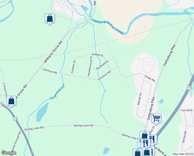 map of restaurants, bars, coffee shops, grocery stores, and more near 22 Junction Road in Dillsburg