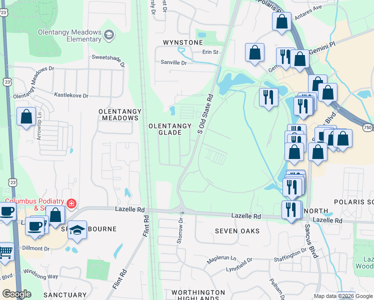 map of restaurants, bars, coffee shops, grocery stores, and more near 8566 Fernbrook Drive in Lewis Center