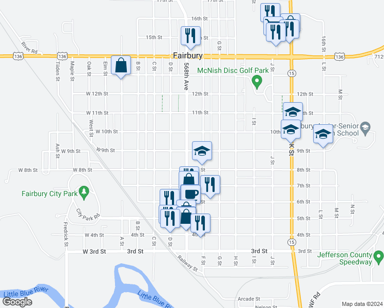 map of restaurants, bars, coffee shops, grocery stores, and more near 815 F Street in Fairbury