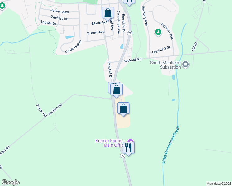map of restaurants, bars, coffee shops, grocery stores, and more near 1 Lancaster Road in Manheim