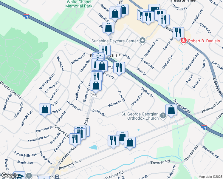map of restaurants, bars, coffee shops, grocery stores, and more near 3 Harding Avenue in Feasterville-Trevose