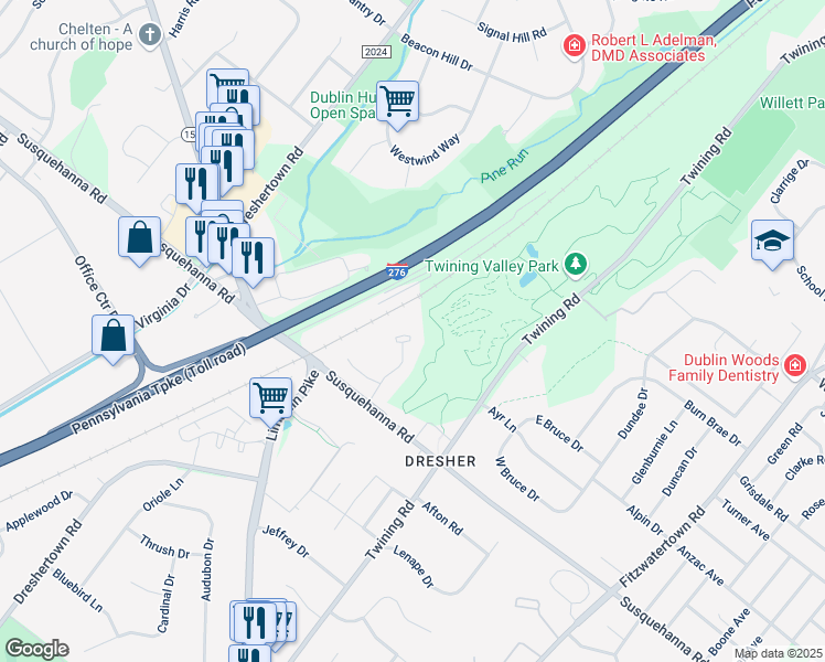 map of restaurants, bars, coffee shops, grocery stores, and more near 154 Green Valley Circle in Dresher