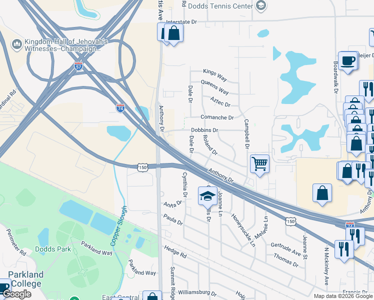 map of restaurants, bars, coffee shops, grocery stores, and more near 1702 West Anthony Drive in Champaign