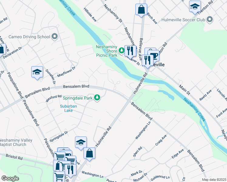 map of restaurants, bars, coffee shops, grocery stores, and more near 3200 Bensalem Boulevard in Bucks County