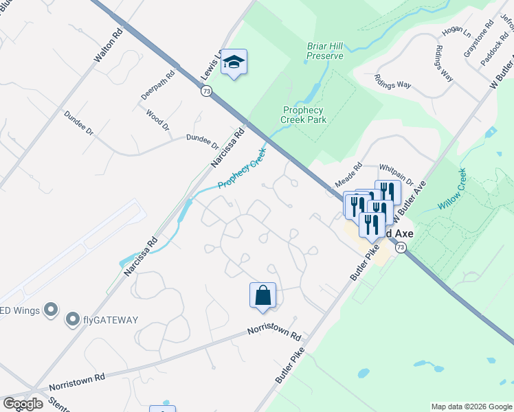 map of restaurants, bars, coffee shops, grocery stores, and more near 22 Springhouse Lane in Blue Bell