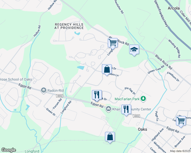 map of restaurants, bars, coffee shops, grocery stores, and more near 1356 Longford Road in Collegeville