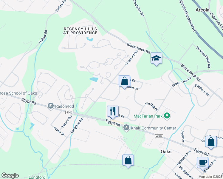 map of restaurants, bars, coffee shops, grocery stores, and more near 1356 Longford Road in Collegeville