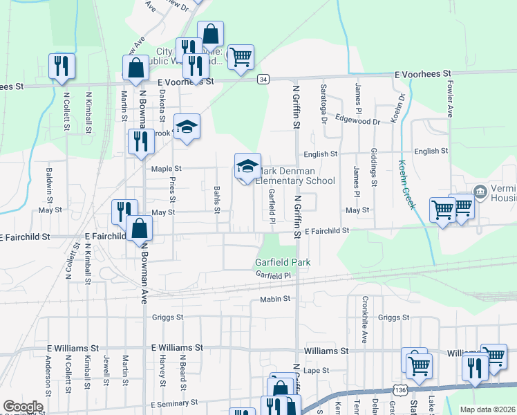 map of restaurants, bars, coffee shops, grocery stores, and more near 1100 May St in Danville