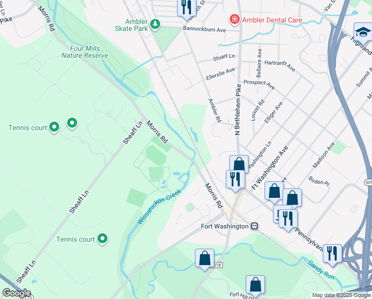 map of restaurants, bars, coffee shops, grocery stores, and more near 321 Morris Road in Ambler