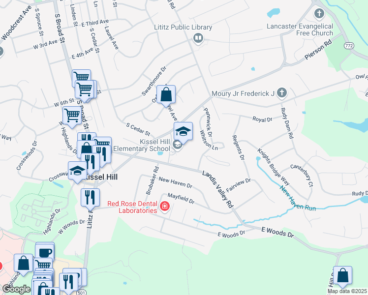 map of restaurants, bars, coffee shops, grocery stores, and more near 215 Landis Valley Road in Lititz