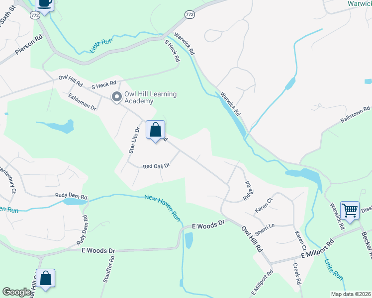 map of restaurants, bars, coffee shops, grocery stores, and more near 629 Owl Hill Road in Lititz