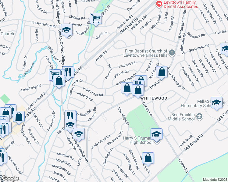map of restaurants, bars, coffee shops, grocery stores, and more near 73 Indian Park Road in Levittown