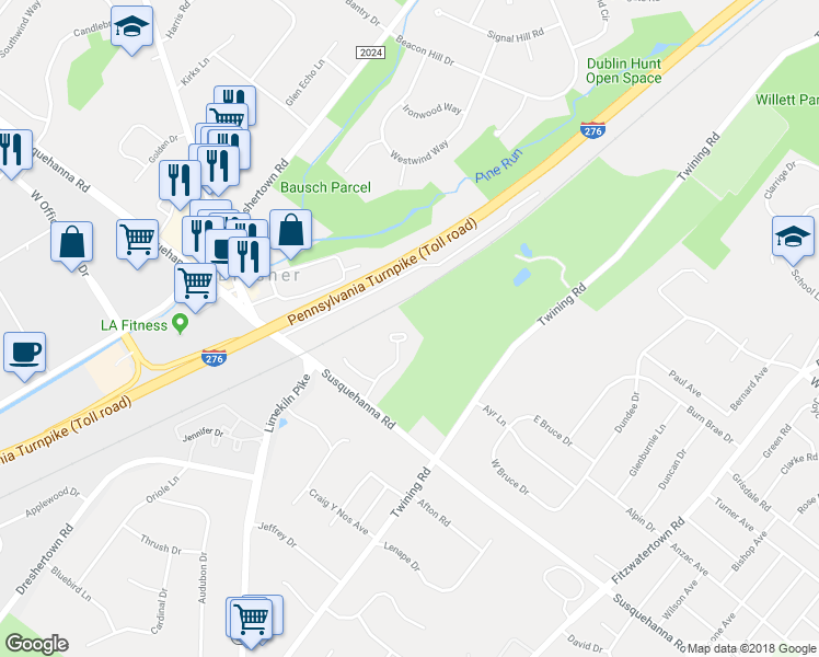 map of restaurants, bars, coffee shops, grocery stores, and more near 154 Green Valley Circle in Dresher