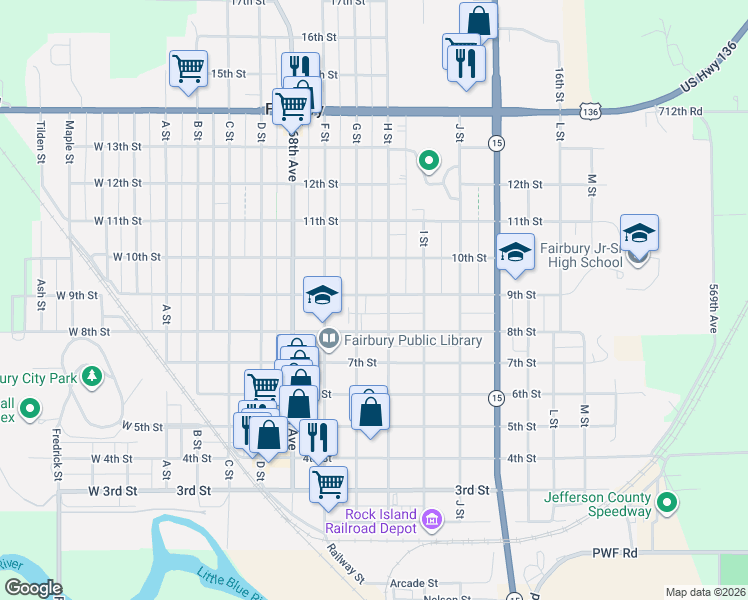 map of restaurants, bars, coffee shops, grocery stores, and more near 817 H Street in Fairbury