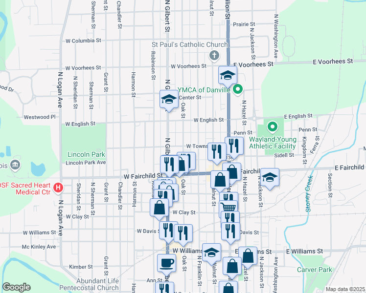 map of restaurants, bars, coffee shops, grocery stores, and more near 998 Oak Street in Danville