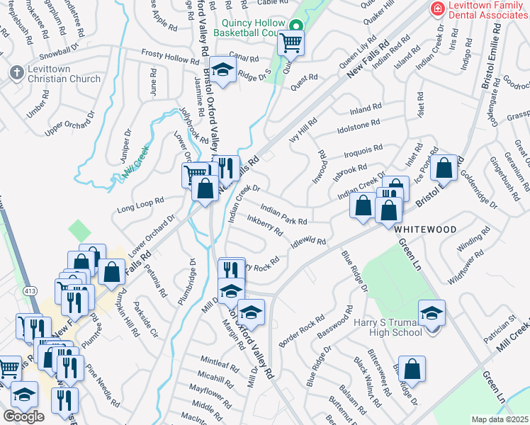 map of restaurants, bars, coffee shops, grocery stores, and more near 31 Inkberry Road in Levittown