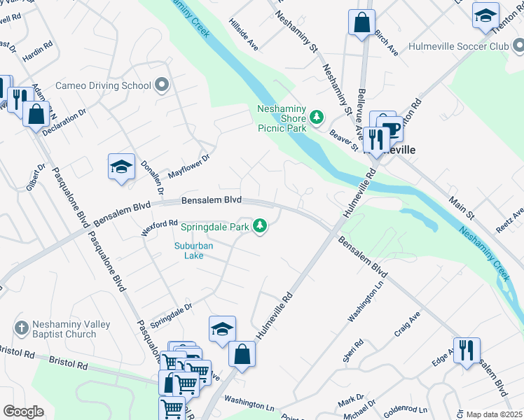 map of restaurants, bars, coffee shops, grocery stores, and more near 3039 Meredith Place in Bucks County