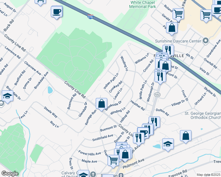 map of restaurants, bars, coffee shops, grocery stores, and more near 4 Crooked Road in Feasterville-Trevose