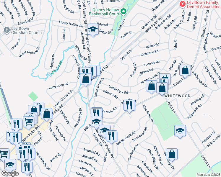 map of restaurants, bars, coffee shops, grocery stores, and more near 24 Indian Park Road in Levittown