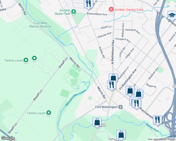 map of restaurants, bars, coffee shops, grocery stores, and more near 321 Morris Road in Ambler