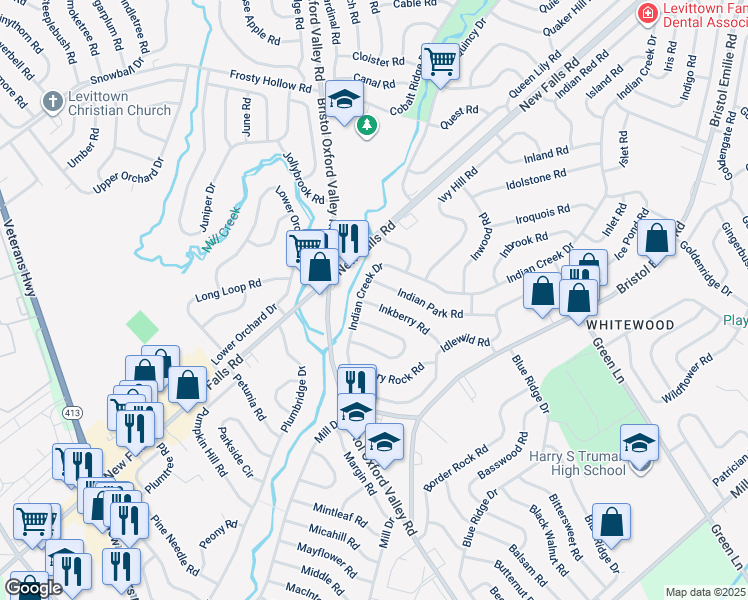 map of restaurants, bars, coffee shops, grocery stores, and more near 15 Inkberry Road in Levittown