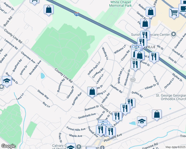 map of restaurants, bars, coffee shops, grocery stores, and more near 4 Crooked Road in Feasterville-Trevose