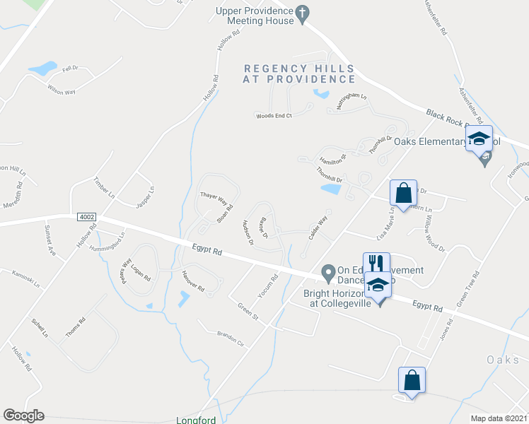 map of restaurants, bars, coffee shops, grocery stores, and more near 260 Baxter Drive in Phoenixville