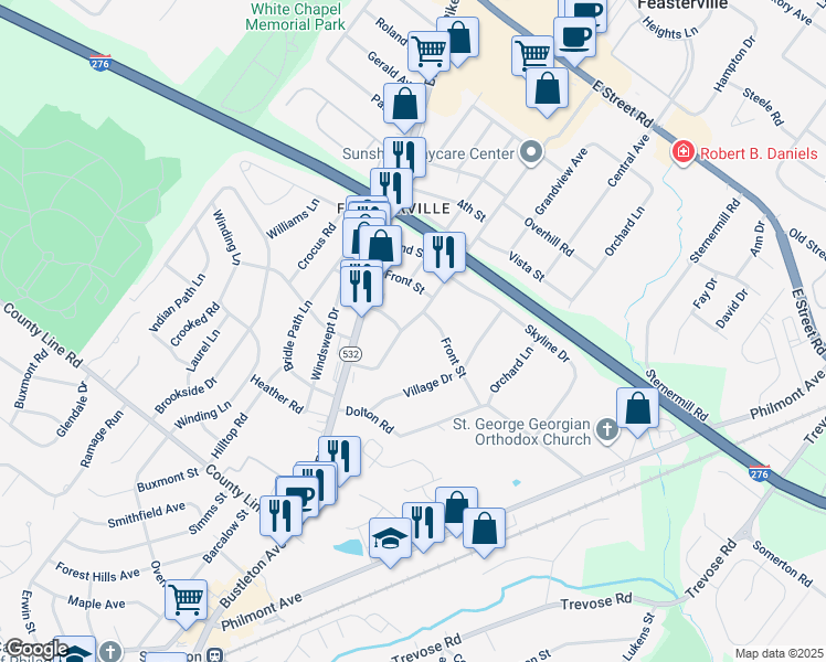 map of restaurants, bars, coffee shops, grocery stores, and more near 3 Harding Avenue in Feasterville-Trevose