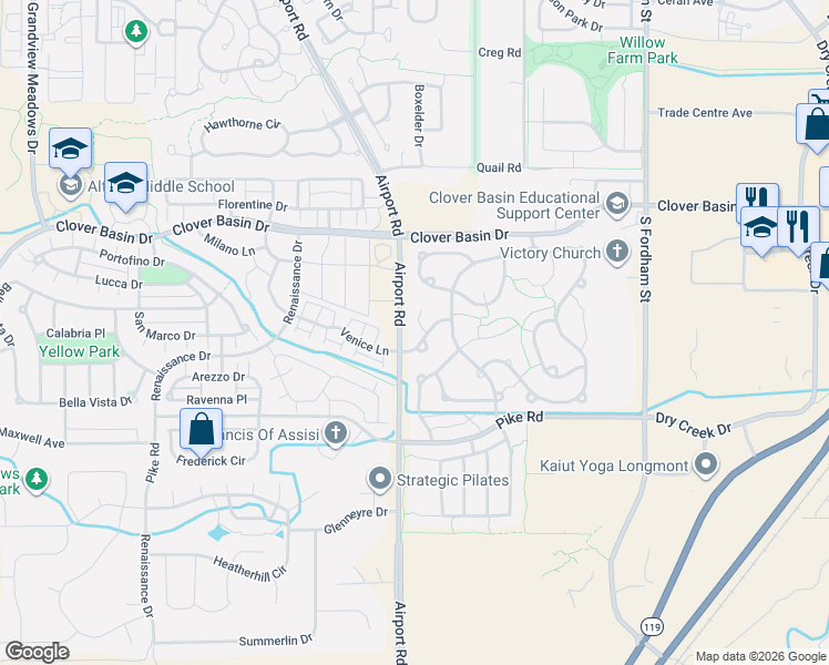 map of restaurants, bars, coffee shops, grocery stores, and more near 1731 Venice Lane in Longmont