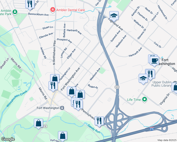 map of restaurants, bars, coffee shops, grocery stores, and more near 1101 Spring Avenue in Fort Washington