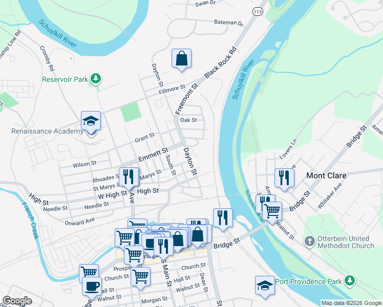 map of restaurants, bars, coffee shops, grocery stores, and more near 219 Dayton Street in Phoenixville