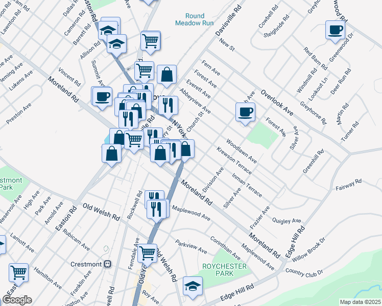 map of restaurants, bars, coffee shops, grocery stores, and more near 123 Quigley Avenue in Willow Grove