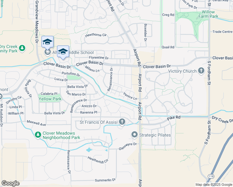 map of restaurants, bars, coffee shops, grocery stores, and more near 1615 Venice Lane in Longmont