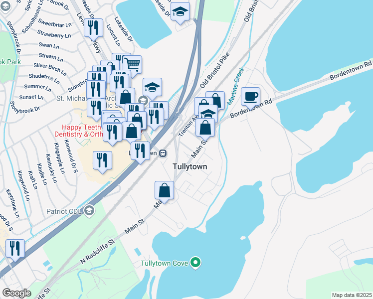 map of restaurants, bars, coffee shops, grocery stores, and more near 92 Fallsington Avenue in Tullytown