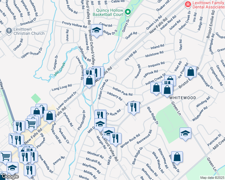 map of restaurants, bars, coffee shops, grocery stores, and more near 24 Indian Park Road in Levittown