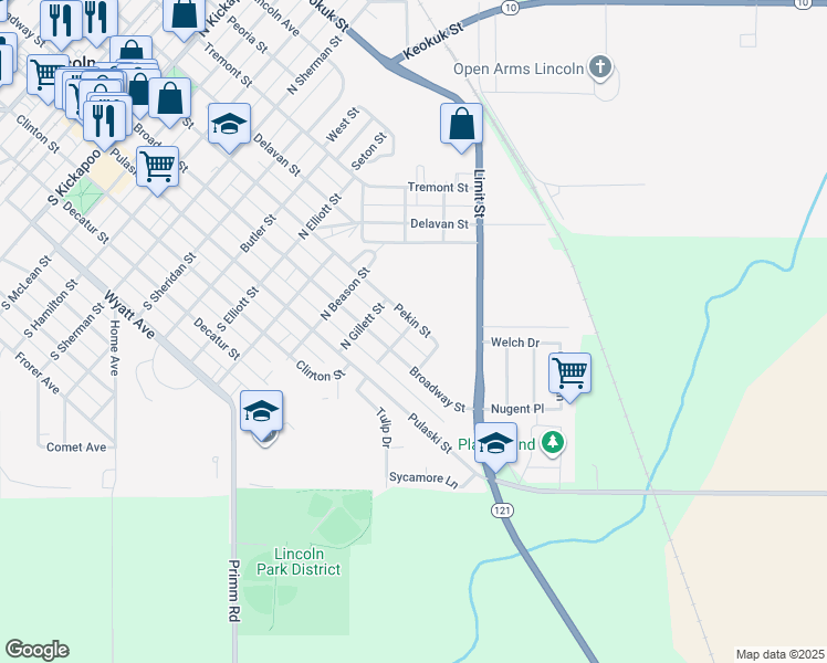 map of restaurants, bars, coffee shops, grocery stores, and more near 1701 Pekin Street in Lincoln