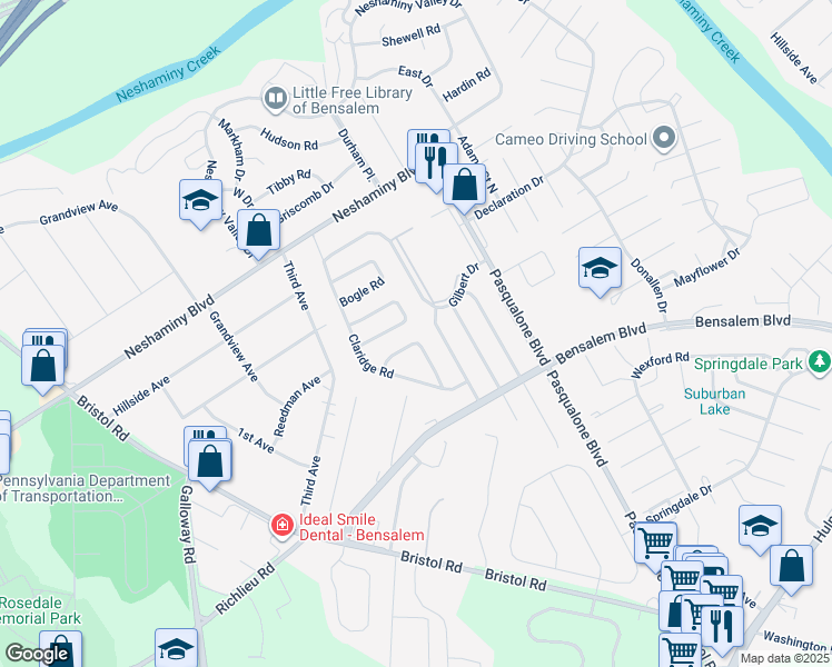 map of restaurants, bars, coffee shops, grocery stores, and more near 3152 Drexel Road in Bensalem