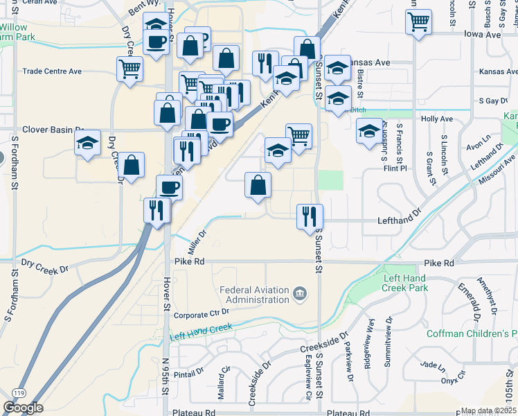 map of restaurants, bars, coffee shops, grocery stores, and more near 1860 Lefthand Circle in Longmont