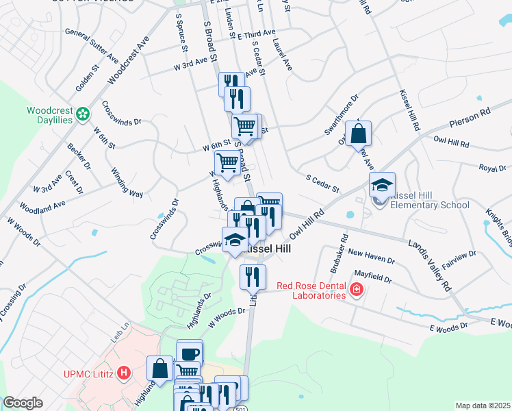 map of restaurants, bars, coffee shops, grocery stores, and more near 3 Landis Valley Road in Lititz
