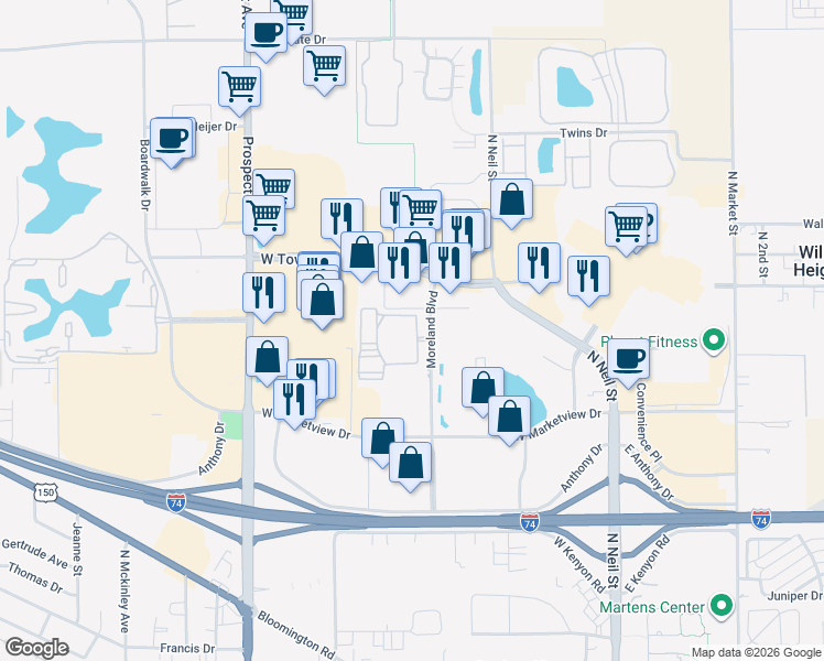 map of restaurants, bars, coffee shops, grocery stores, and more near 2001 Moreland Boulevard in Champaign