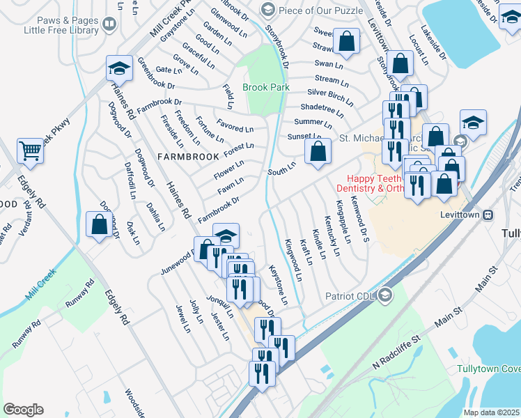 map of restaurants, bars, coffee shops, grocery stores, and more near 81 Kenwood Drive North in Levittown