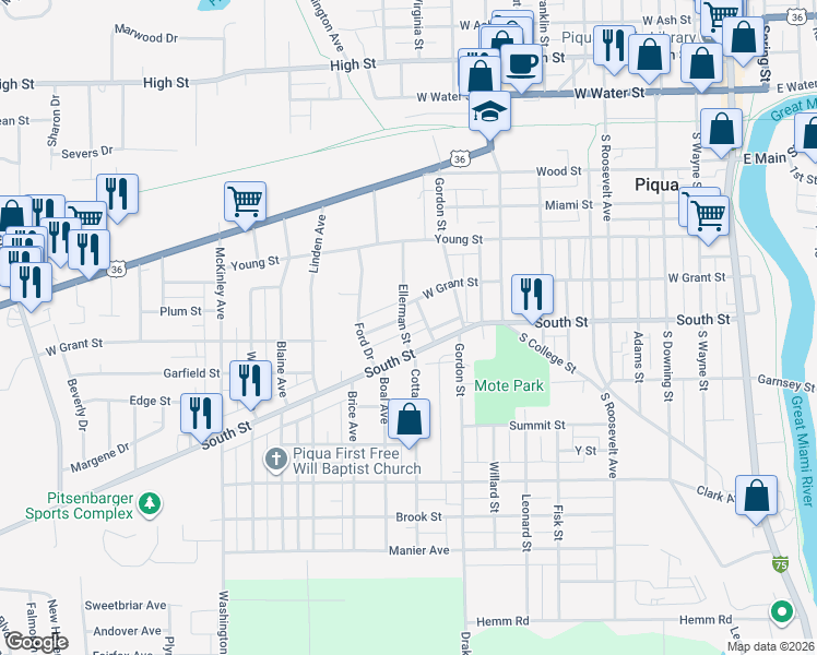 map of restaurants, bars, coffee shops, grocery stores, and more near 756 South Street in Piqua