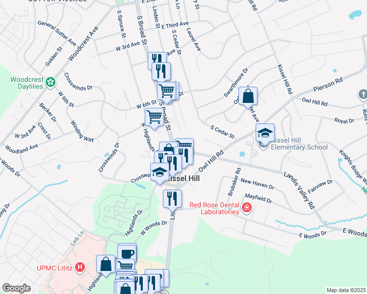 map of restaurants, bars, coffee shops, grocery stores, and more near 3 Landis Valley Road in Lititz