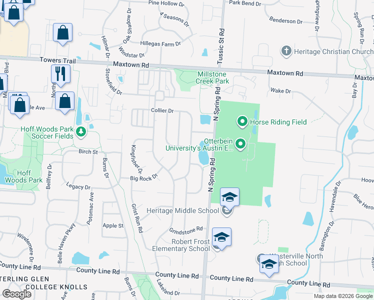 map of restaurants, bars, coffee shops, grocery stores, and more near 580 High Timber Drive in Westerville