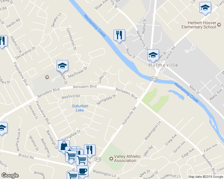 map of restaurants, bars, coffee shops, grocery stores, and more near 3057 Meredith Place in Bensalem