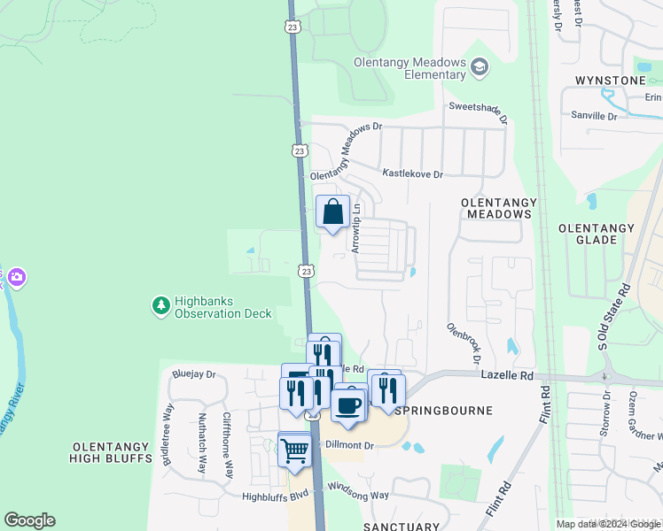 map of restaurants, bars, coffee shops, grocery stores, and more near 8600 North High Street in Worthington