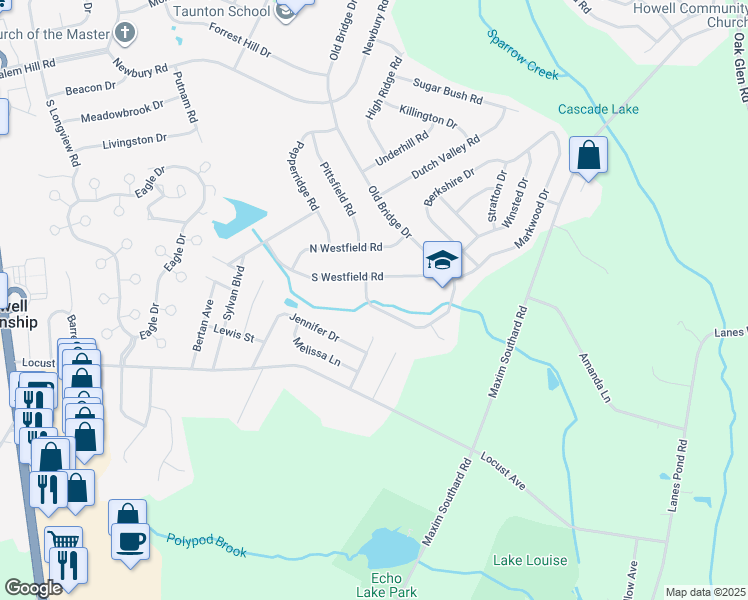 map of restaurants, bars, coffee shops, grocery stores, and more near 106 Old Bridge Drive in Howell Township