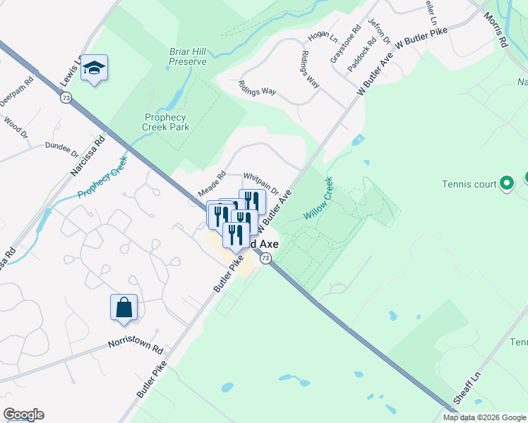 map of restaurants, bars, coffee shops, grocery stores, and more near 845 West Butler Avenue in Ambler