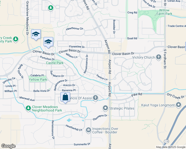 map of restaurants, bars, coffee shops, grocery stores, and more near 1615 Venice Lane in Longmont