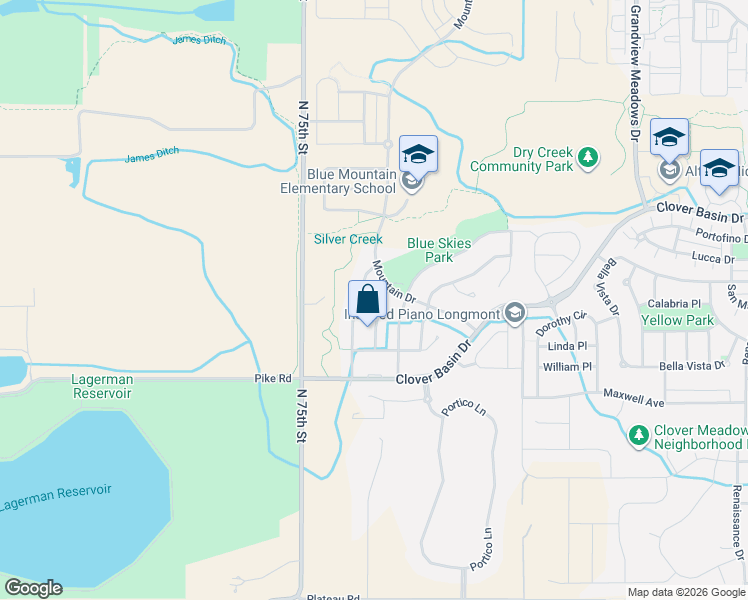 map of restaurants, bars, coffee shops, grocery stores, and more near 1621 Hallet Peak Drive in Longmont